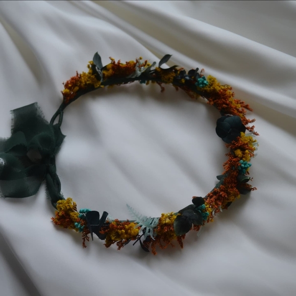 Floral Crown, green yellow and orange. Real preserved flowers - Picture 2 of 4